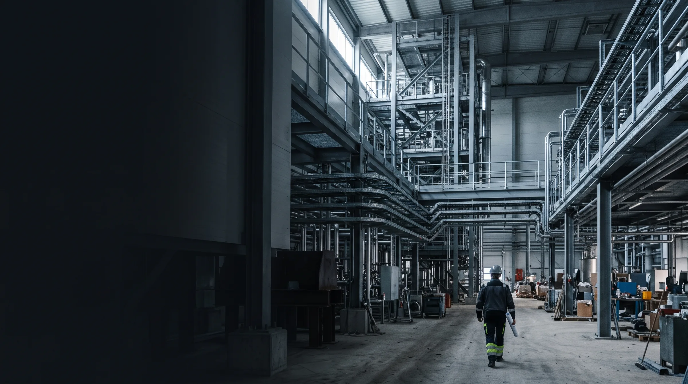 Engineer walking through an industrial process facility during commissioning